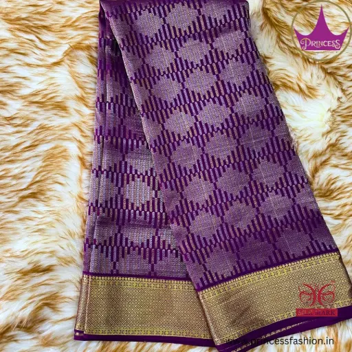 Pure Mysore Crape Brocade Purple Pink- PC - Pure Mysore Crepe Silk - PSS0012